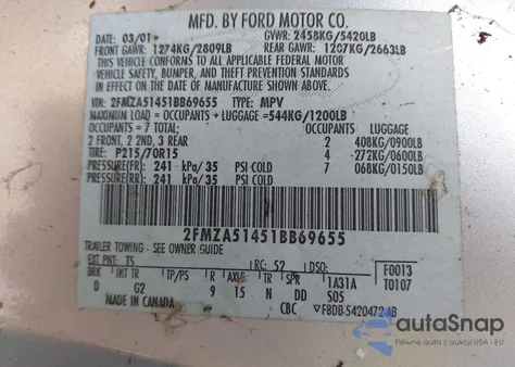 2001 Ford Windstar Lx из США, поврежденный, VIN 2FMZA51451BB69655